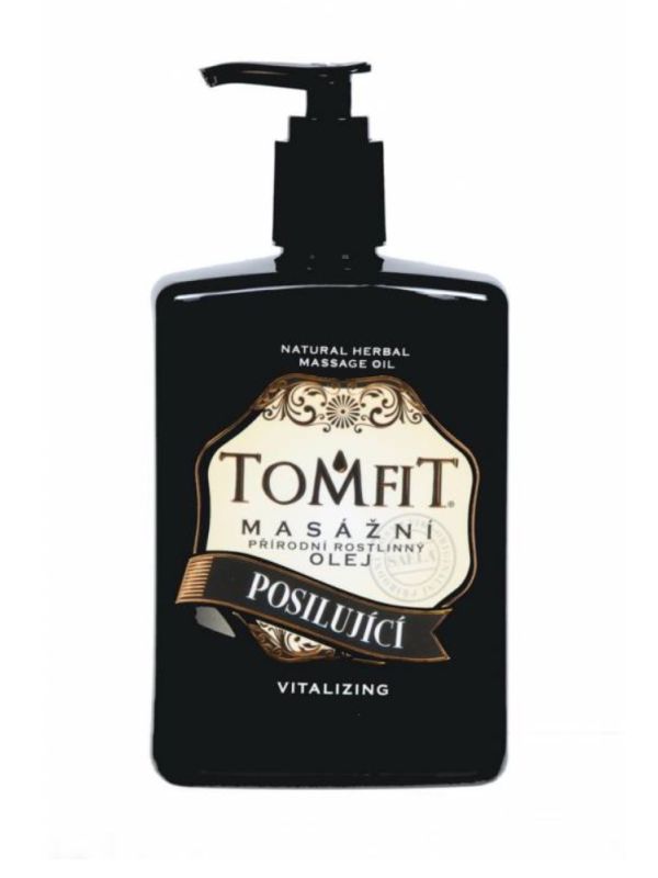 TOMFIT přírodní masážní olej – Posilující 500 ml – směs mandlového a makadamiového oleje s levandulí, rozmarýnem a mátou pro regeneraci a osvěžení.