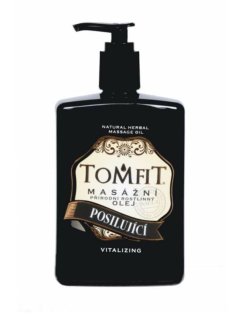 TOMFIT přírodní masážní olej – Posilující 500 ml – směs mandlového a makadamiového oleje s levandulí, rozmarýnem a mátou pro regeneraci a osvěžení.