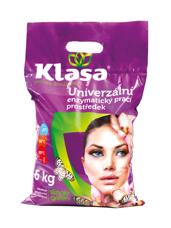 KLASA – Prací prášek 6 kg – účinně odstraňuje skvrny a mastnotu, chrání barvy a tkaniny, vhodný pro praní od 30 °C do 95 °C.