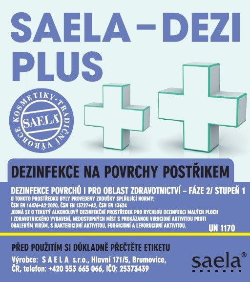 SAELA – DEZI PLUS – Dezinfekce na povrchy 750 ml s rozprašovačem – etiketa