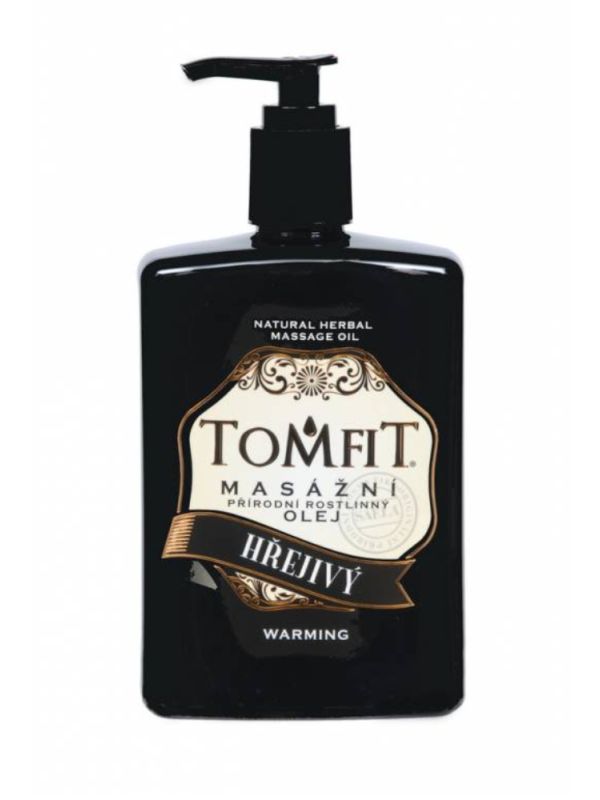 TOMFIT přírodní masážní olej – Hřejivý 500 ml – směs mandlového a makadamiového oleje s hřejivými silicemi pro uvolnění svalů a regeneraci