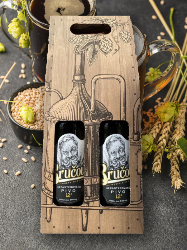Dárková krabička se 2 láhvemi piva Bručoun 1 litr – elegantní a perfektní pivní dárek