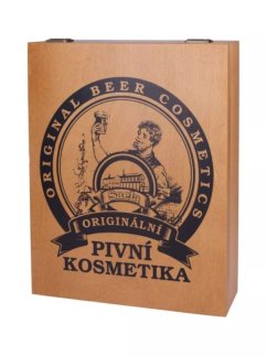 Exkluzivní dárková sada pivní kosmetiky v ručně vyrobené dřevěné kazetě – luxusní péče pro vlasy, pokožku a relaxaci.