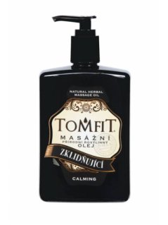 TOMFIT přírodní masážní olej – Zklidňující 500 ml – směs mandlového a makadamiového oleje s gerániem a bergamotem pro zklidnění a hydrataci pokožky.