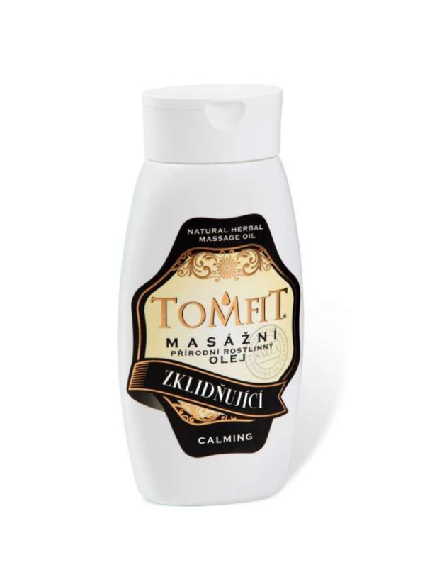 TOMFIT přírodní masážní olej – Zklidňující 250 ml – relaxace, regenerace a zklidnění těla i mysli s esencemi geránia a bergamotu