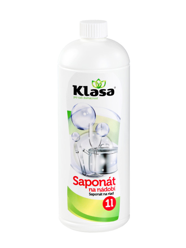 KLASA – Saponát na nádobí 1 l – účinně odstraňuje mastnotu, šetrný k rukám, snadno se oplachuje a zanechává svěží vůni.