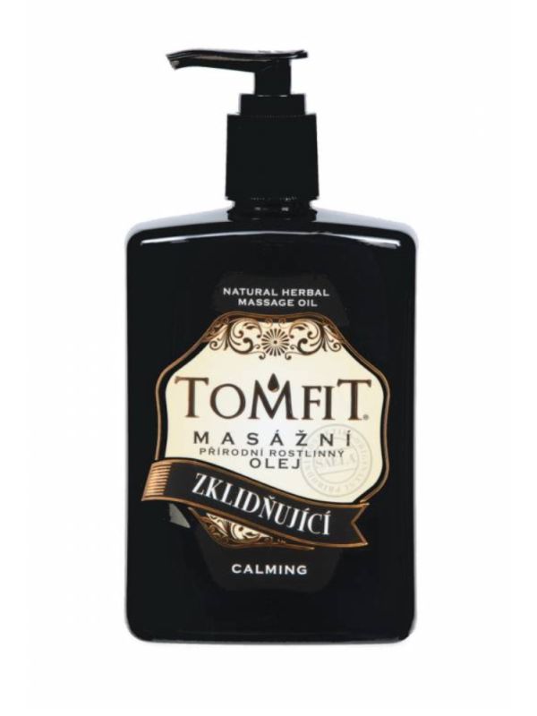 TOMFIT přírodní masážní olej – Zklidňující 500 ml – směs mandlového a makadamiového oleje s gerániem a bergamotem pro zklidnění a hydrataci pokožky.