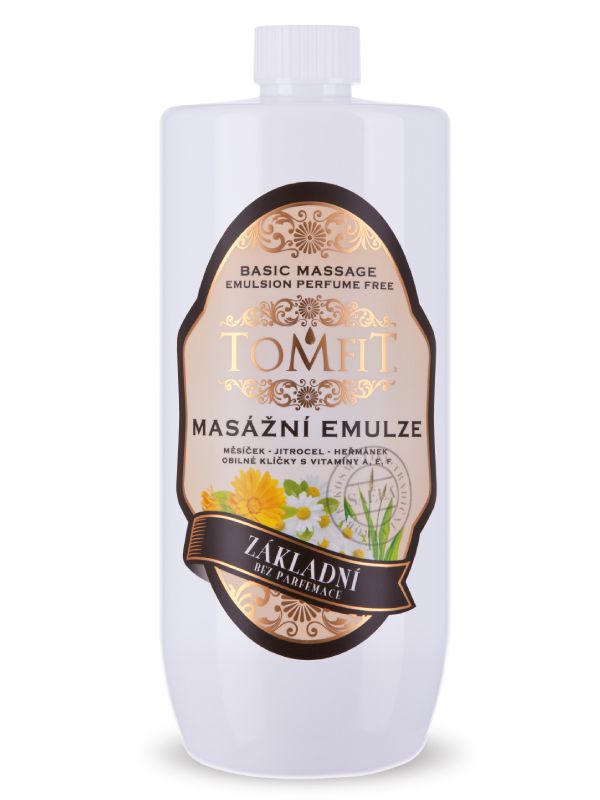TOMFIT masážní emulze – Základní bez parfému 1 l – neutrální emulze pro sportovní, kondiční a profesionální masáže