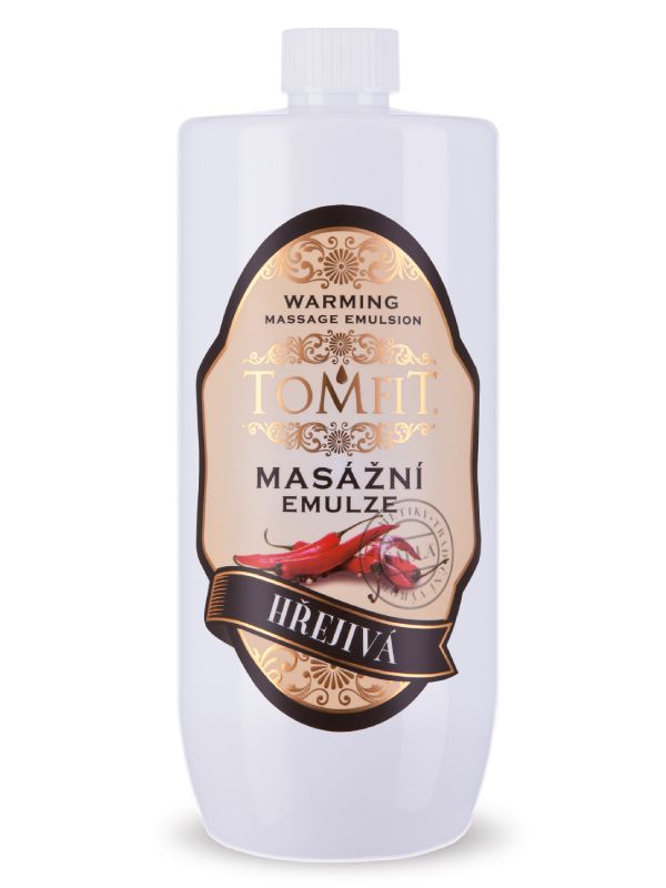 TOMFIT masážní emulze – Hřejivá 1 l – masážní emulze s intenzivním hřejivým efektem pro uvolnění svalů a regeneraci.