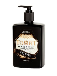 TOMFIT přírodní masážní olej – Citron 500 ml – Mandlový olej s citronovou silicí pro osvěžení a stimulaci pokožky a mysli.